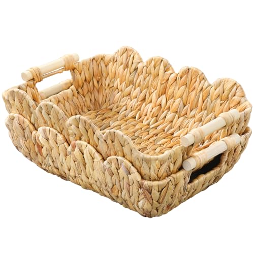 Coeusy Small Wicker Basket 2 Pack,Scalloped Basket for Organizing and Decor,Natural Water Hyacinth Storage Baskets with Wooden Handles for Gifts,Snack,Shelves