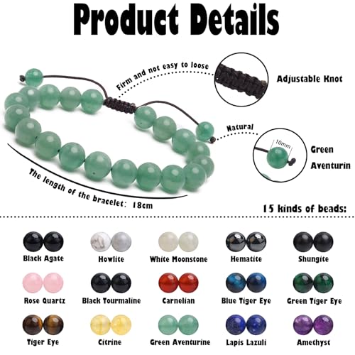 BONNY BOXX Braided Genuine Bracelet, Elegant Handcrafted Natural Gemstone Crystal Bracelet Healing Power Energy Inspirational Gifts with Card for Unisex - color: Green Aventurine, size: 10MM