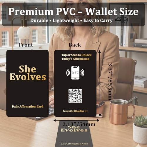 Daily Affirmation Card for Women with NFC & QR – Tap or Scan for Daily Positive Affirmations – Self Love, Confidence, Mindfulness – No App, No Subscription – Wallet Size PVC (Evolve · Matte Black)
