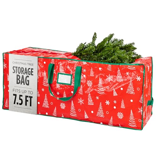 Christmas Tree Storage Bag - Stores 7.5 Foot Artificial Xmas Holiday Tree, Zippered Bag, Durable Waterproof Material, Carry Handles - Protects Against Dust, Insects and Moisture (Red Printed) - color: Red Pattern, size: 7.5 ft.