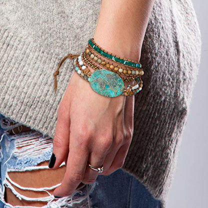 New! Dazzling Handmade Leather Wrap Bracelet Collection - style: 5 Wrap Ocean Jasper