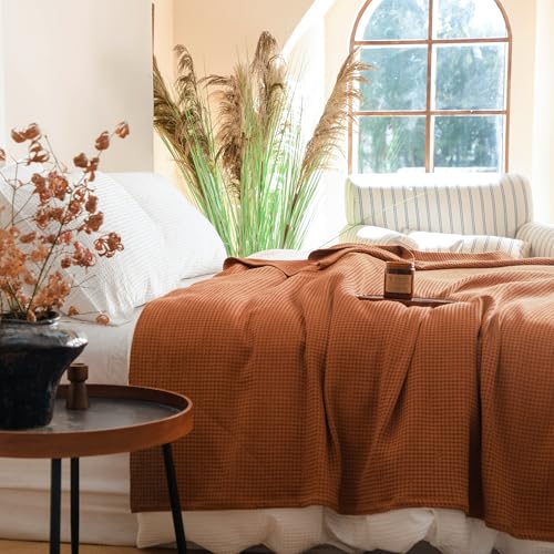 Simple&Opulence 100% Cotton Waffle Weave Throw Blanket 50"x60", Soft Lightweight Breathable Cozy Washed, Layer Blanket for Couch Bed Sofa, Farmhouse Home Decor for Adults All-Season, Rust Orange