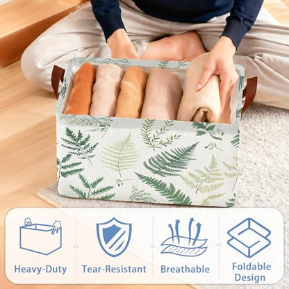 Fern Herbs Storage Baskets,Botanical Leaf Foldable Organizer Bin with Handles for Home Living Room Bedroom Closet Box 17x11.5x10Inch - color: Fern Herbs Botanical Leaf