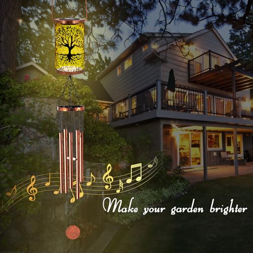 36" Solar Wind Chimes Hanging Lights Outdoor Detachable Led Lantern Metal Wind Chimes for Outside Unique Tree Life Garden Hanging Solar Decorative as Gift for Mom Women Grandma (Bronze) - size: 36‘’-Tree