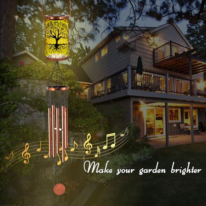 36" Solar Wind Chimes Hanging Lights Outdoor Detachable Led Lantern Metal Wind Chimes for Outside Unique Tree Life Garden Hanging Solar Decorative as Gift for Mom Women Grandma (Bronze) - size: 36‘’-Tree