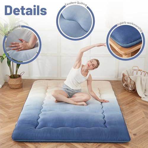 Zelladorra Japanese Floor Mattress, Futon Mattress with Portable Storage Bag and Washable Cover, Roll Up Thick Tatami Mat Suitable for Camping, Guest Room (Coastal Gradient, Twin)