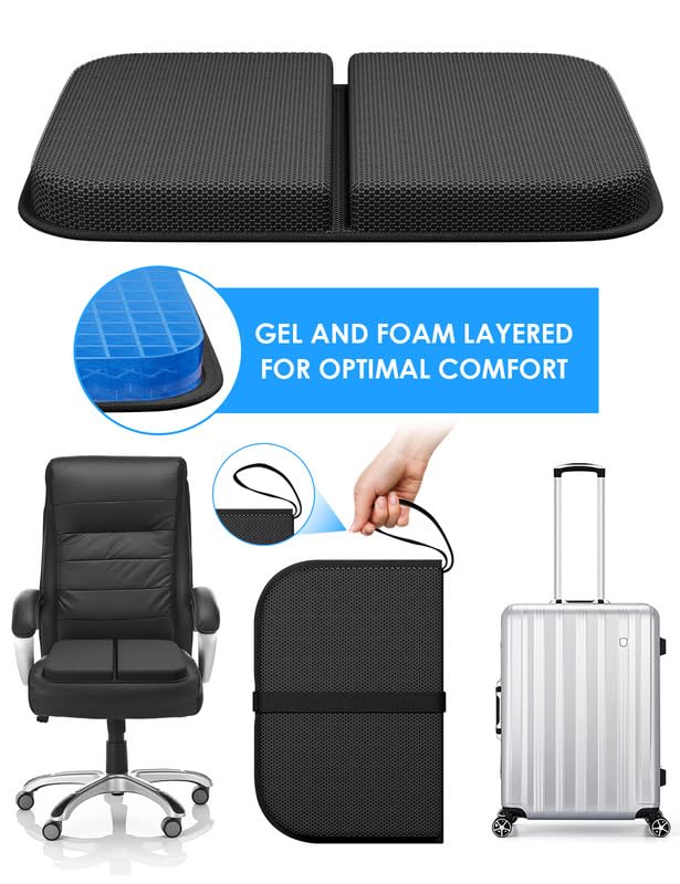Gel Seat Cushion Portable Travel Cushions, 16.5" x 12" Large Size Super Thick Foldable Chair Seat Cushion Lightweight for Car Office Chair Wheelchair, Pressure Sores Tailbone Pain Relief - size: L-Black