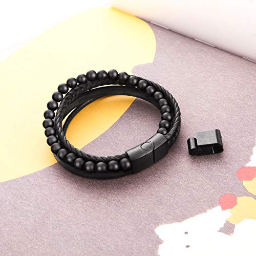 Mens Bead Leather Bracelet, Natural Bead, Steel and Leather Bracelet for Men Christmas Gift Idea