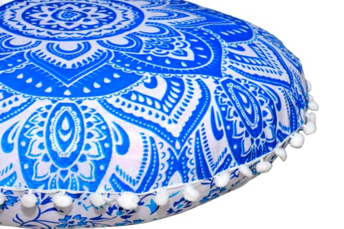 CRAFT KALA 22" Mandala Meditation Floor Pillows Cover Pouf Cover Round Seating Bohemian Mandala Cotton Floor Cushion Cover Outdoor Fireplace Seating Living Room Yoga Room Home Décor (Blue Flower) - color: Blue Flower