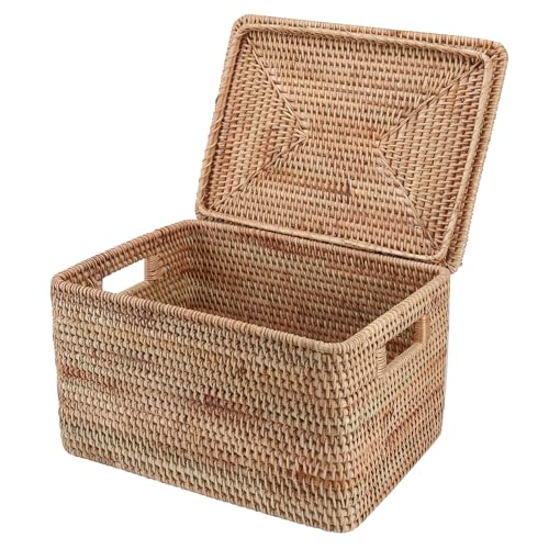 Rattan Basket With Lid, Large Lidded Basket For Storage(15.75" L×14.17" W×11.81" H) - size: 15.75"×14.17" ×11.81"