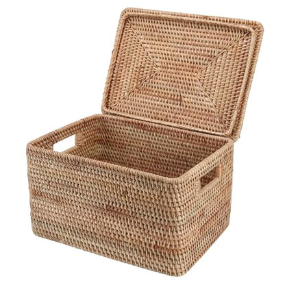 Rattan Basket With Lid, Large Lidded Basket For Storage(15.75" L×14.17" W×11.81" H) - size: 15.75"×14.17" ×11.81"