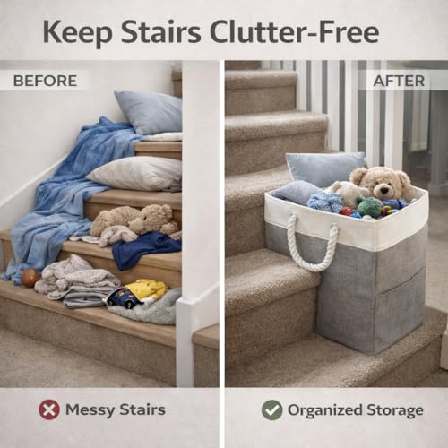Stair basket,Foldable staircase baskets,Stair basket for wooden and carpeted stairs,Step stairs storage baskets with handle.1pcs - color: grayish white