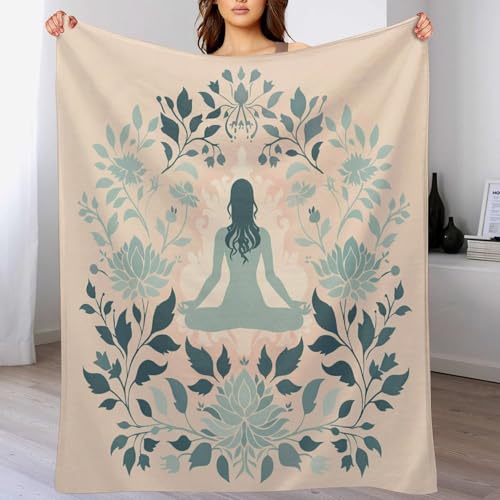 Meditation Illustration Throw Blanket, Soft Cozy Warm Flannel Cartoon Floral Plant Yoga Silhouette Blanket for Couch Sofa Bed, 50"x60" - color: Meditation Illustration, size: 50"x60"