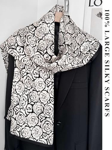 Large Shawl Scarf For Women Lightweight Wraps Silky Headscarf Long Sunscreen Scarfs - color: T25 Black and White Rose / 70"x 35"