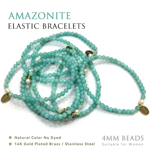 Morchic 4mm Natural Gemstone Beads Stretch Bracelet for Women, With Freshwater Pearls, Energy Gem Birthday Gift for Her 7.2” - color: Amazonite