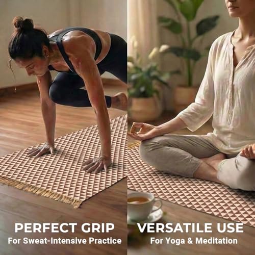 VINYASA Handwoven Cotton Yoga Rug Mat – Naturally Dyed | Absorbent, Washable Yoga Mat/Fitness Rug, Hatha, Pilates & Meditation - Non-Slip Grip | Extra Long & Wide | Trikon Series - color: Cutch