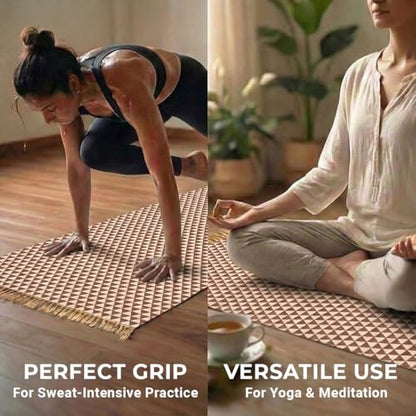 VINYASA Handwoven Cotton Yoga Rug Mat – Naturally Dyed | Absorbent, Washable Yoga Mat/Fitness Rug, Hatha, Pilates & Meditation - Non-Slip Grip | Extra Long & Wide | Trikon Series - color: Cutch