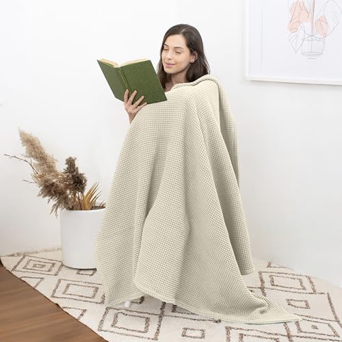 Throw Blanket for Couch, 100% Cotton Soft Lightweight Breathable Summer Blanket Throws, Waffle Weave Throw Size Bed Blanket: Beige (50"x60") - color: Beige, size: Throw (50" x 60")