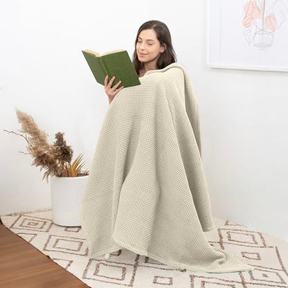 Throw Blanket for Couch, 100% Cotton Soft Lightweight Breathable Summer Blanket Throws, Waffle Weave Throw Size Bed Blanket: Beige (50"x60") - color: Beige, size: Throw (50" x 60")