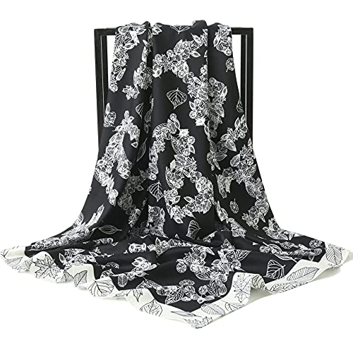 ANDANTINO 100% Pure Mulberry Silk Scarf 35" Large Square Lightweight Headscarf –Women’s Hair Wraps-With Gift Packed - color: Black Leaves