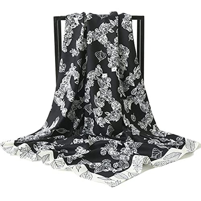ANDANTINO 100% Pure Mulberry Silk Scarf 35" Large Square Lightweight Headscarf –Women’s Hair Wraps-With Gift Packed - color: Black Leaves