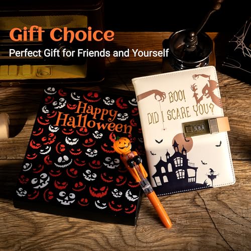 CAGIE Journal with Lock for Women Men, A5 Locked Journal with Pumpkin Pen Set, Halloween Notebook with Combination Lock 192 Pages Diary with Lock, 5.7x 8.3 Inches, White