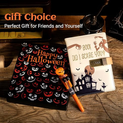 CAGIE Journal with Lock for Women Men, A5 Locked Journal with Pumpkin Pen Set, Halloween Notebook with Combination Lock 192 Pages Diary with Lock, 5.7x 8.3 Inches, White