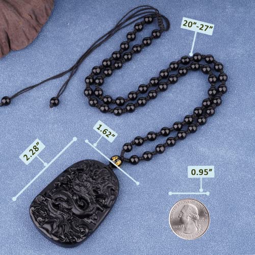 Black Obsidian Necklace Protection Pendant with Extended Bead Chain Healing Crystal Stone Amulet Necklace for Men Women - color: DragonA