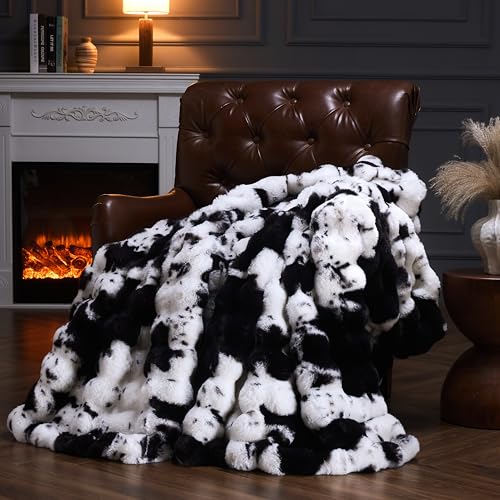 Faux Fur Throw Blanket for Couch, Fluffy Fuzzy Plush Bubble Blanket, Soft Warm Cozy Shaggy Rabbit Blanket, Luxury Decorative Gifts for Sofa Bedroom Living Room, 60x80inch (Cow Print-Black) - color: Cow Print-black, size: 60x80inch