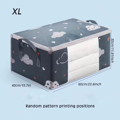 2pcs/set Large Capacity Wardrobe Storage Bag Fabric Dustproof Handles Printed Closet Organizer For Clothes Quilts, Navy&blue