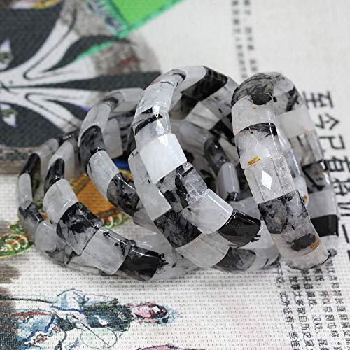 Keleny Gemstones Semi Precious 15mm Square Grain Faceted Beaded Stretch Bangle 7.5 Inch Unisex - color: Black Rutilated Quartz