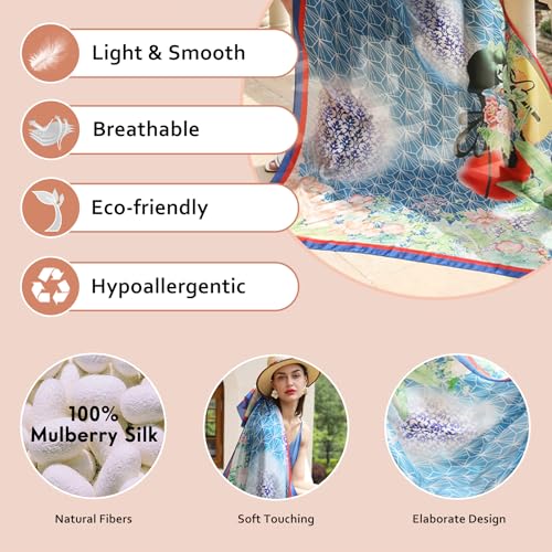 100% Mulberry Extra Large Silk Pashmina Scarf Shawls And Wraps For Women Evening Dress Summer Travel Floral Blanket - color: Blue Garden Breeze