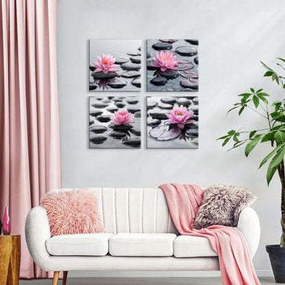 NAN Wind 4Pcs Zen Pink Water Lily Black Stones Framed Canvas Art Botanical Floral Print Modern Spa Art for Home Decor, Ready to Hang Flower Wall Art for Living Room Bedroom Meditation Space