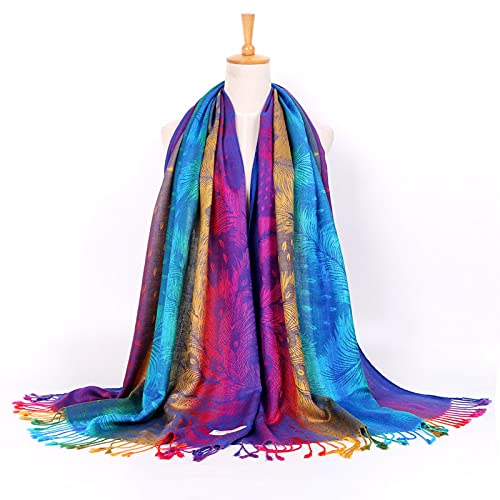 SmilerSmile Colorful Scarf Wraps for Womens Tassel Shawl Wrap - color: 01-peacock/Royalblue