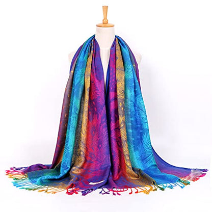 SmilerSmile Colorful Scarf Wraps for Womens Tassel Shawl Wrap - color: 01-peacock/Royalblue