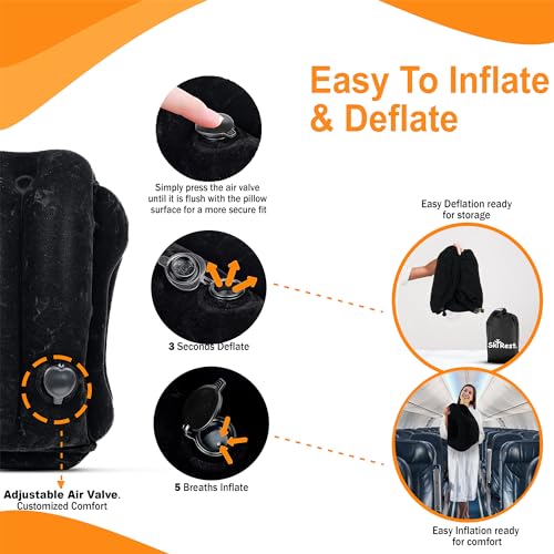 Skyrest®️ Inflatable Travel Pillow for Buses, Comfortably Support Head, Air Pillow for Sleeping to Avoid Neck, Lumbar and Shoulder Pain, Pillows for Airplanes Buses Cars Office (Black)
