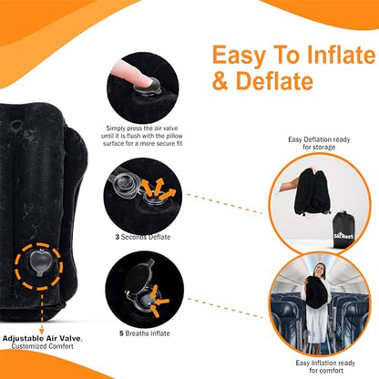Skyrest®️ Inflatable Travel Pillow for Buses, Comfortably Support Head, Air Pillow for Sleeping to Avoid Neck, Lumbar and Shoulder Pain, Pillows for Airplanes Buses Cars Office (Black)