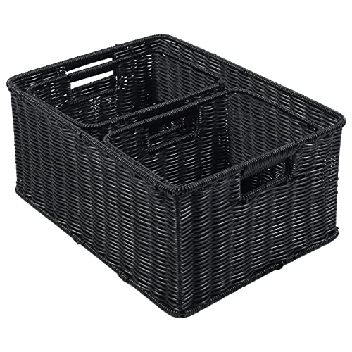 HOONEX Large Wicker Baskets for Storage, Woven Plastic With Dual Handles, Set of 3, Black - color: Black, size: 17"D x 12.2"W x 7.5"H
