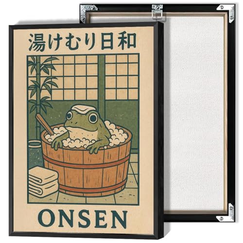 Vintage Frog In Bathtub Enjoy Onsen Poster Funny Bathroom Animal Canvas Wall Art Japandi Wabi Sabi Green Restroom Prints Painting For Home Bedroom Dorm Wall Decor 16x24in Framed - color: Frog 003, size: 16"L x 24"W