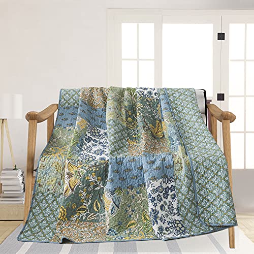 NEWLAKE Cotton Quilted Throw Blanket for Bed Couch Sofa, Reversible Matelasse Blanket with Real Stitched Embroidery,Green Farmhouse Garden,60X78 Inch - color: Green
