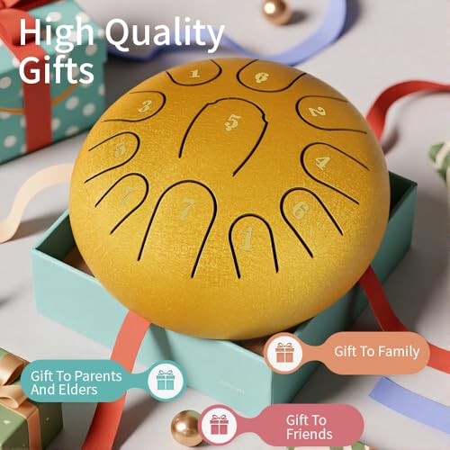 Rain Drum for Outside Garden,Steel Tongue Drum 6 Inche 11 Note Steel Drums Rain Chime,with Soft Bag,Music Book (Yellow, 6 Inch 11 Note) - color: Yellow, size: 6 Inch 11 Note