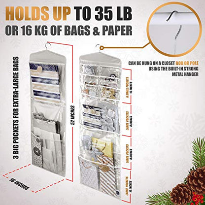 Large Double-Sided Hanging Gift Bag Organizer and Tissue Paper Holder (Grey)