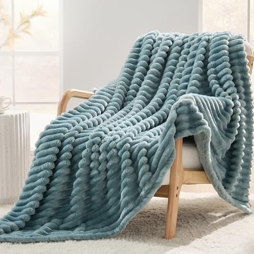 Dusty Blue Striped Twin Size Blanket, 330GSM Soft Plush Fleece Blanket for Couch Sofa Bed, Decorative Cozy Giftable Home Blanket, 60x80 Inches - color: Dusty Blue, size: Twin(60"x80")