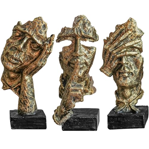 3 Pcs Thinker Statue, Silence is Gold Abstract Art Figurine, Modern Home Resin Decorative Objects Decor for Home Office Bookshelf Desktop,No Hear No See No Speak Knick Knacks - color: Gold