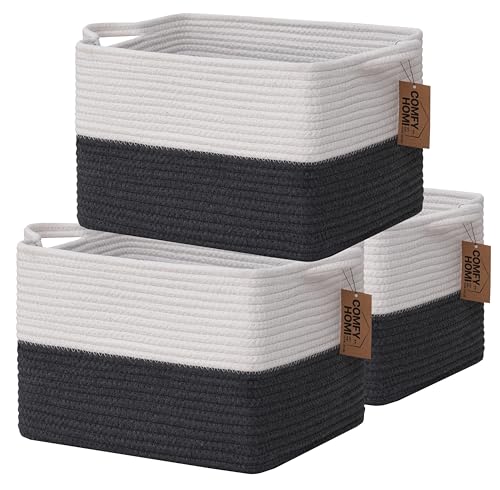 COMFY-HOMI 3PACK Cotton Rope Square Basket with Handles for Shelves| Storage|Baby Basket for Gif|Shoe basket for Organizing|New13.5" x 11" x 9.5" for Living Room（White/Dark Grey） - color: dark grey, size: 13.5" x 11" x 9.5"