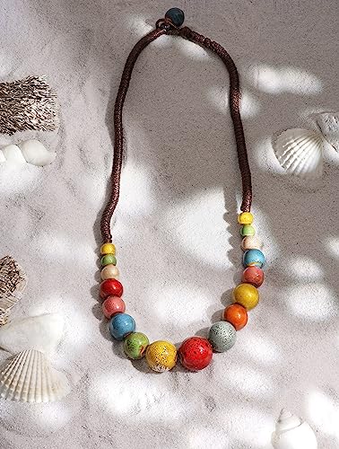 MINACHI Hippie Boho Colorful Ceramic Round Beads Strand Necklace, Bohemian Fashion Statement Jewelry Gift for Women - color: S01
