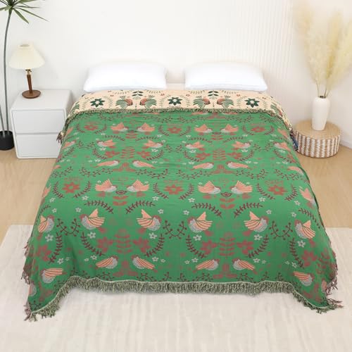 Boho Throw Blanket for Bed, 100% Pure Cotton Ultra Soft Rustic Quilt, Farmhouse Decor Bed Blankets, All Season Rustic Throw for Sofa Couch Chair(91''x 98'', Bird B) - color: Bird Pattern B, size: 91''x 98''