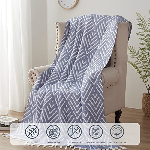 SE SOFTEXLY Muslin Blanket Throw 50x60, Jacquard Summer Cooling Blanket Cozy Organic Egyptian Cotton Bed Spread for Bed Couch Breathable Lightweight Keep Body Cool for Hot Sleepers - color: Tassels Blue