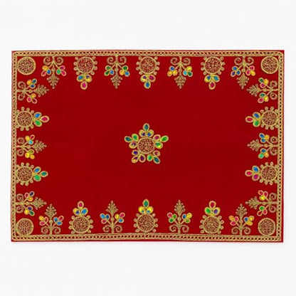 Handcrafted Velvet Puja Chowki Aasan Cloth with Rich Golden Zari Embroidery, Traditional Indian Decorative Pooja Altar Cover for Home Mandir, Temple Décor - 11x18 Inch (Red)