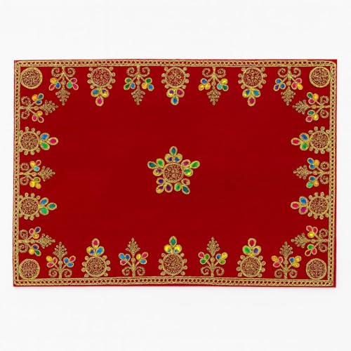 Handcrafted Velvet Puja Chowki Aasan Cloth with Rich Golden Zari Embroidery, Traditional Indian Decorative Pooja Altar Cover for Home Mandir, Temple Décor - 11x18 Inch (Red)